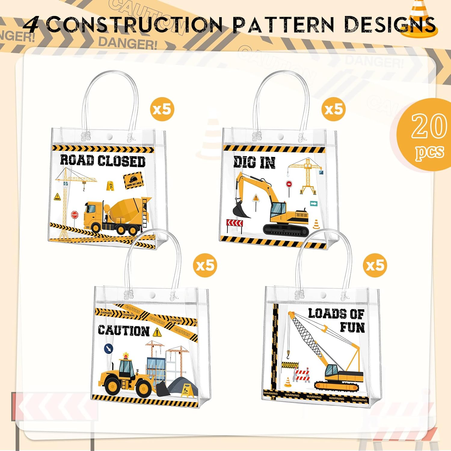 Aliceset 20 Pcs Construction Party Goodie Bags with Handles Construction Themed Party Favors Truck Theme Treat Bags for Birthday Decoration Baby Shower Supplies, 8 x 8 x 3.15 Inch - Image 3