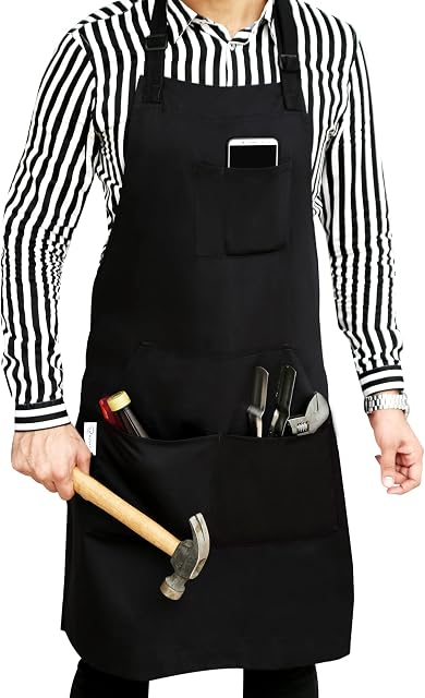 Ruvanti Professional Grade Durable Black Work Apron, for Men, Women. Chef Apron, Kitchen, BBQ, Barber, Canvas Apron, Comfortable, Cotton Enrich. Extra Long Ties Adjustable M to XXL, 5 Pockets (1 Pack)