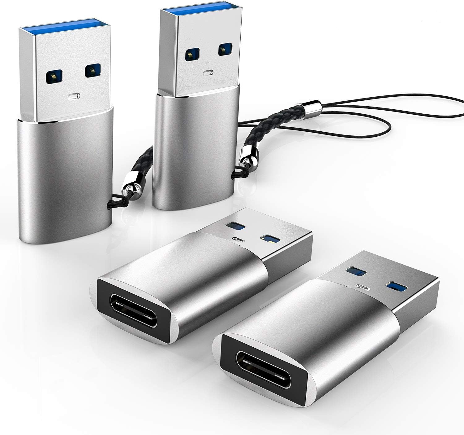 USB C Female to USB 3.0 Male Adapter 4-Pack Type C to USB A Connector Keychain Compatible with Chargers Laptops Power Banks ( Space Gray )