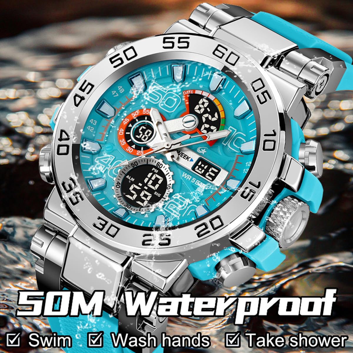 findtime Reloj deportivo militar para hombre, resistente al agua, digital, analógico, táctico, para exteriores, esfera grande, reloj de pulsera de doble hora, LED, luminoso, alarma, cronómetro