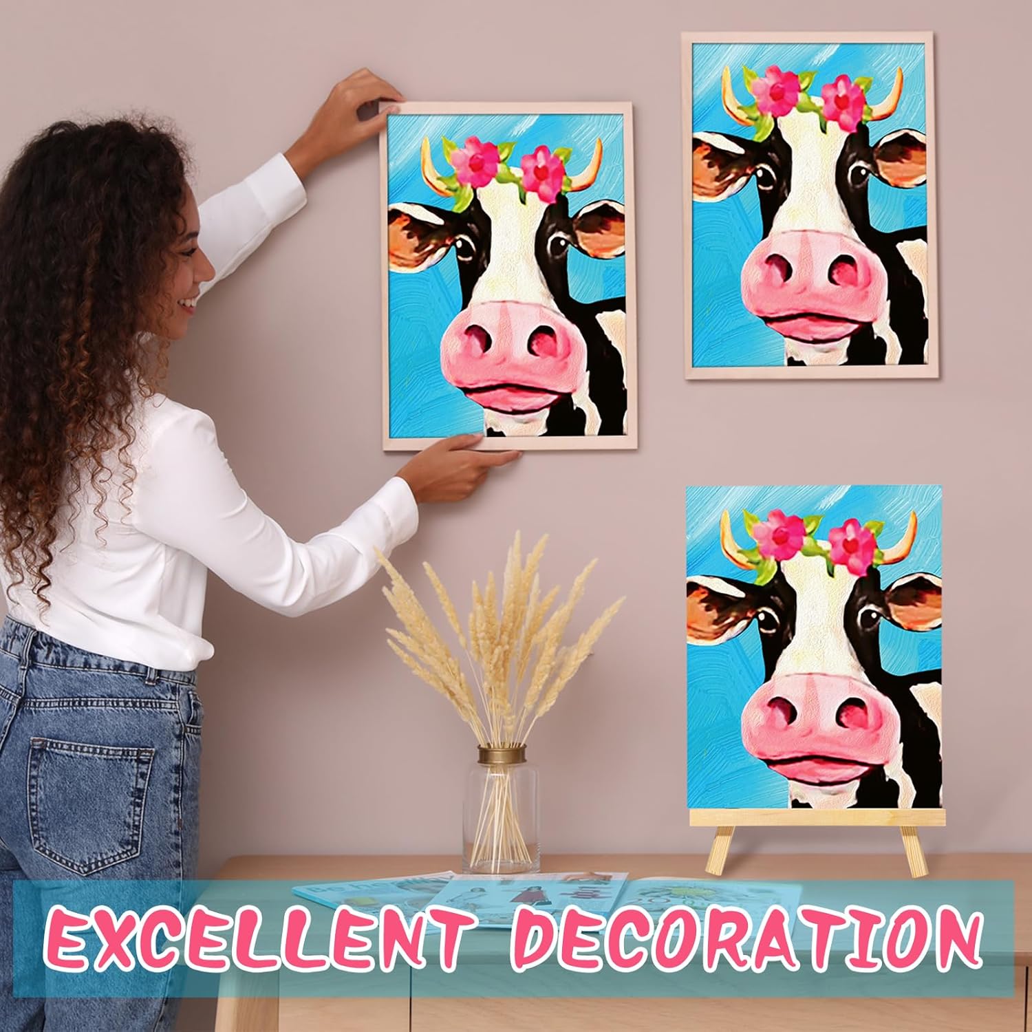 Motipuns 6 Set Pre Drawn Canvas for Painting for Adults Sip and Paint Kit with Easels 8 x 10 Inches Paint Party Kit with Printed Canvas Paints Brushes Palette Apron(Cow)