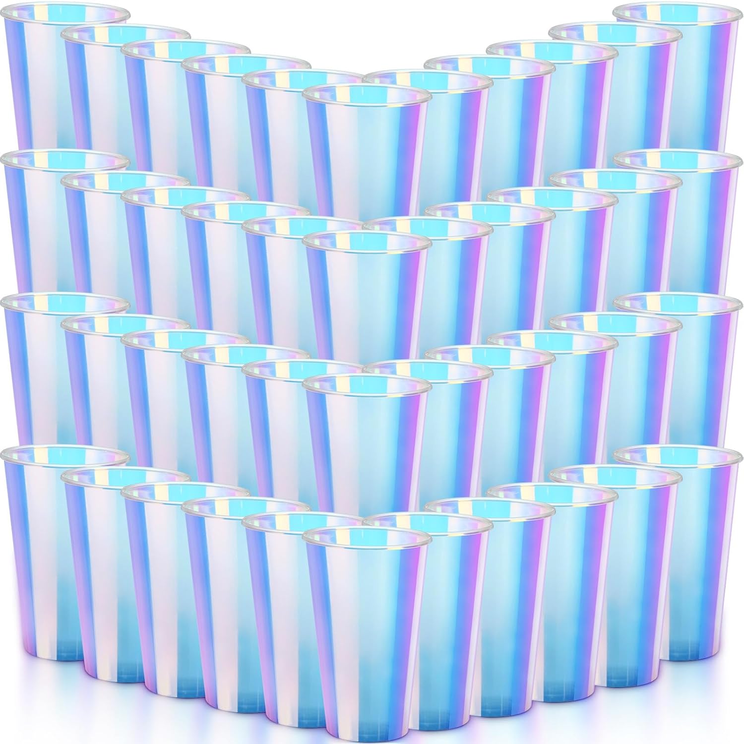 100 Pcs Iridescent Plastic Cups Rainbow Cups Holographic Party Clear Glitter Shiny Plastic Tumblers for Wedding Birthday Bachelorette Mermaid Party(16 oz)