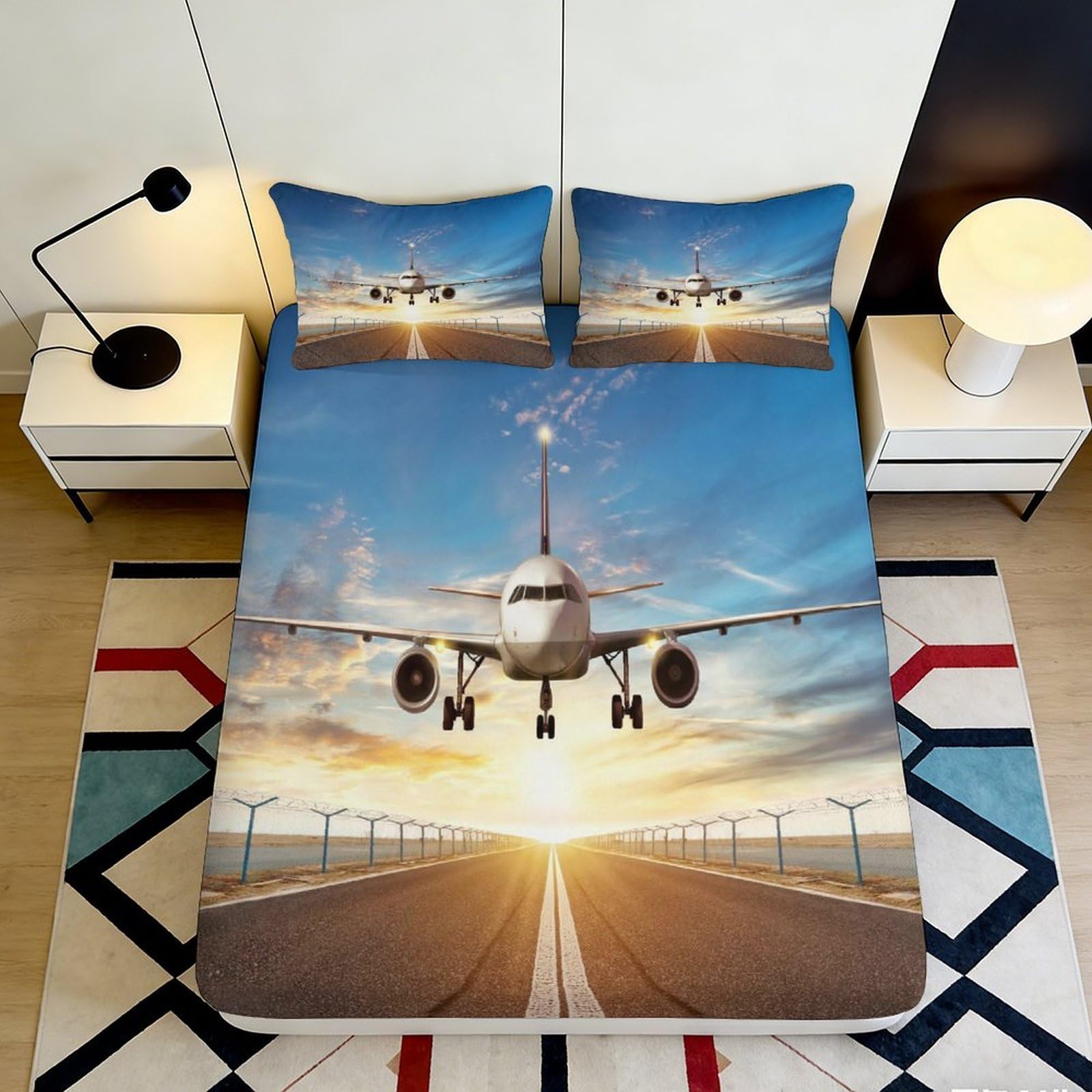 3D Printed Airplane Fitted Sheet Microfiber Soft Breathable Sunset Runway Bed Cover for Bedroom Dormitory Guest Room Mattress Protection Decor 120x200x25cm