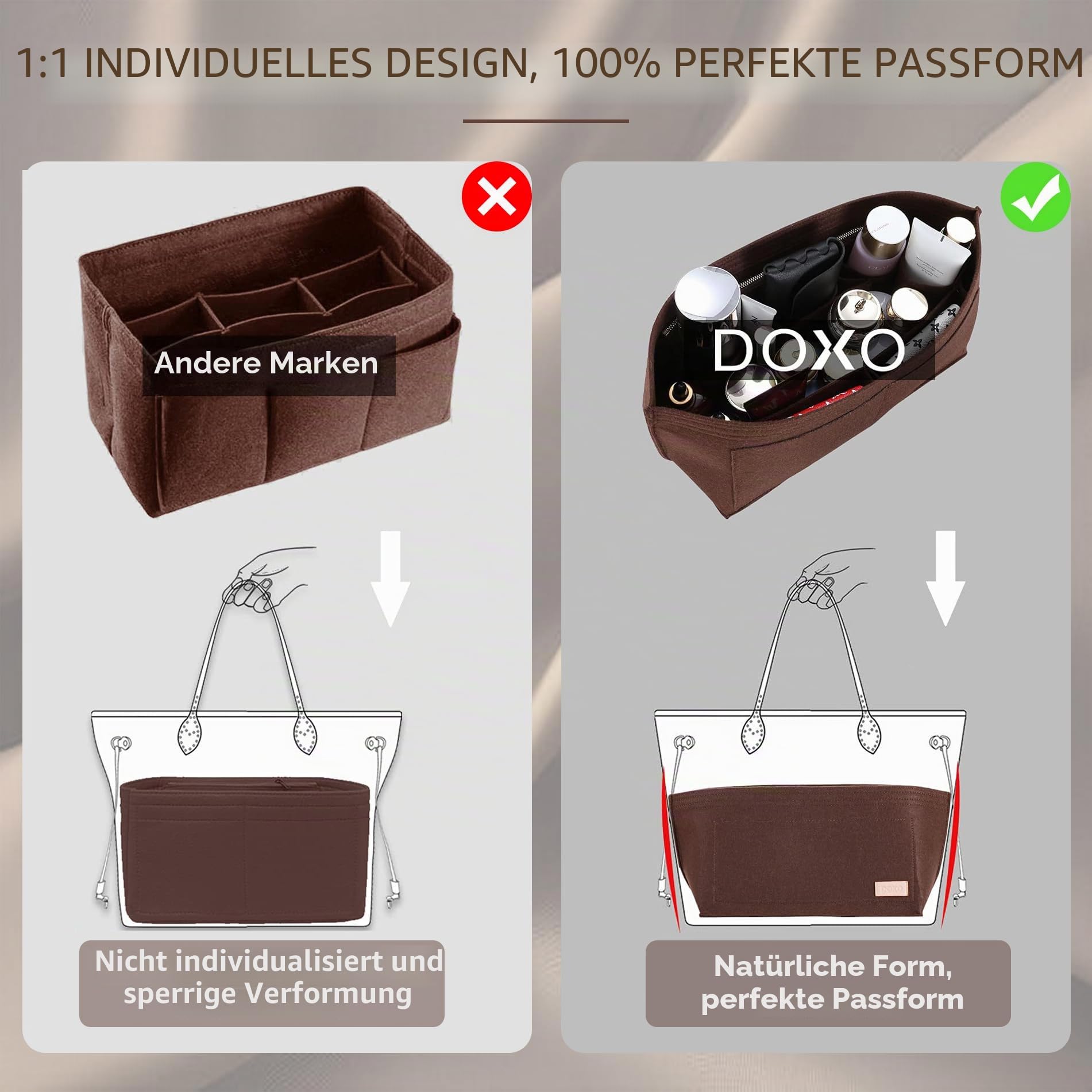 Doxo Geldbörsen-Organizer-Einsatz für Handtaschen und Tragetaschen, Filztasche, passend für Speedy und Neverfull Onthego, 3 Größen/6 Farben, braune Tasche + braune Grundform, groß
