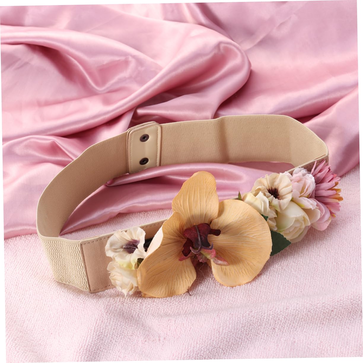 3piezas Cinturón De Flores Artificiales Para Mujer Banda Elástica Ancha Color Khaki Diseño Innovador Para Looks Únicos y Elegantes
