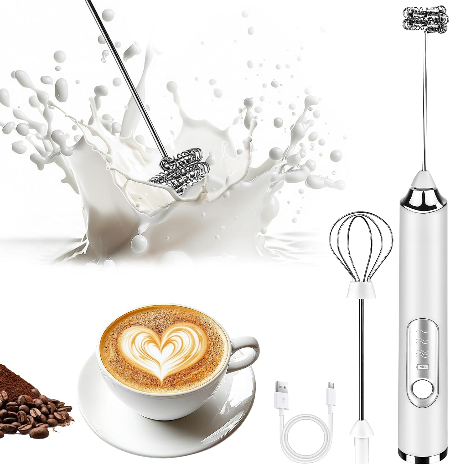 Milk Frother Handheld, Rechargeable Coffee Frother Wand with 2 Stainless Whisks 3 Speeds, Drink Mixer, Electric Foam Maker, Hand Mixer for Lattes, Cappuccino, Matcha, Egg, White