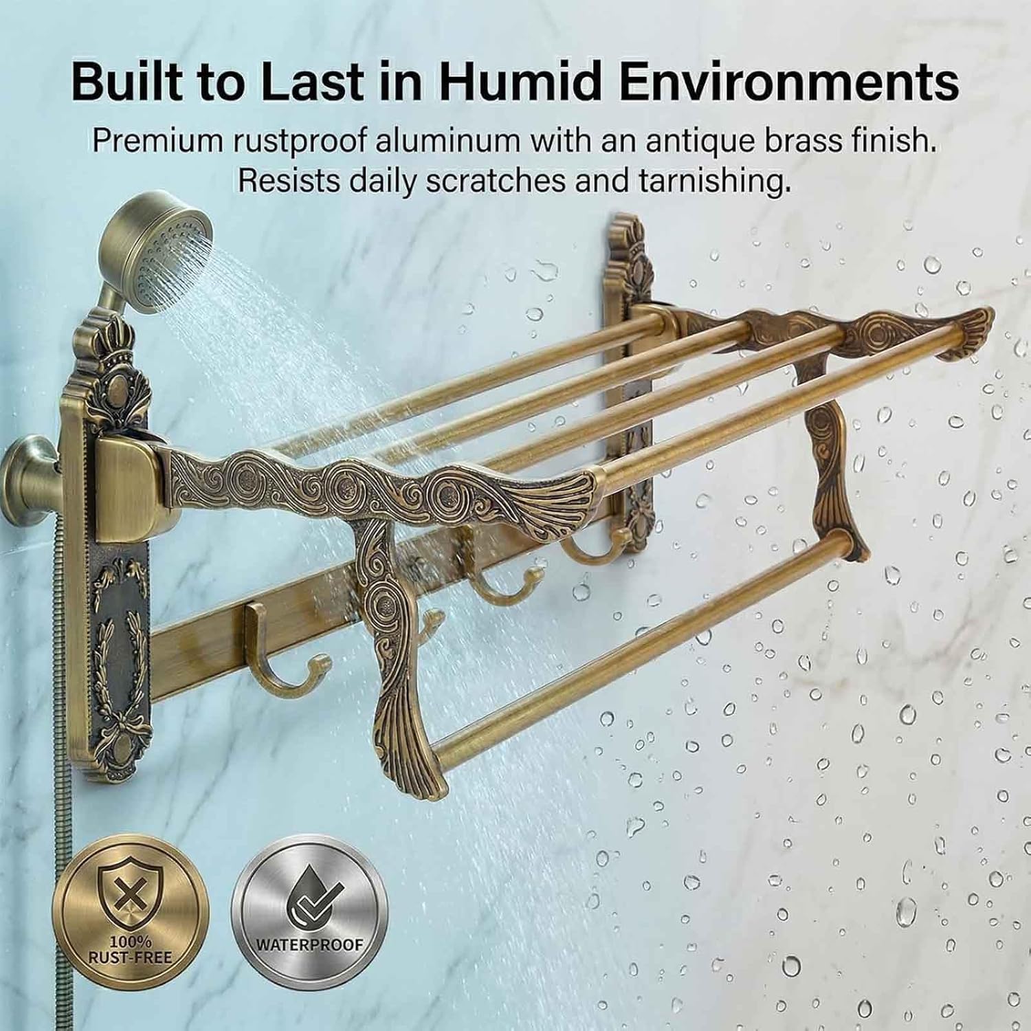 Antique Brass Towel Bar for Bathroom, Wall Mounted Vintage Towel Holder with Hooks, Adjustable Aluminum Bathroom Accessories Rack