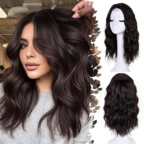 ANNISOUL Short Wavy Wigs for Women 18Inch Bob Wave Wig Middle Part Synthetic Lace Front Natural Hairline Hair for Daily Party Use(Chocolate Brown)