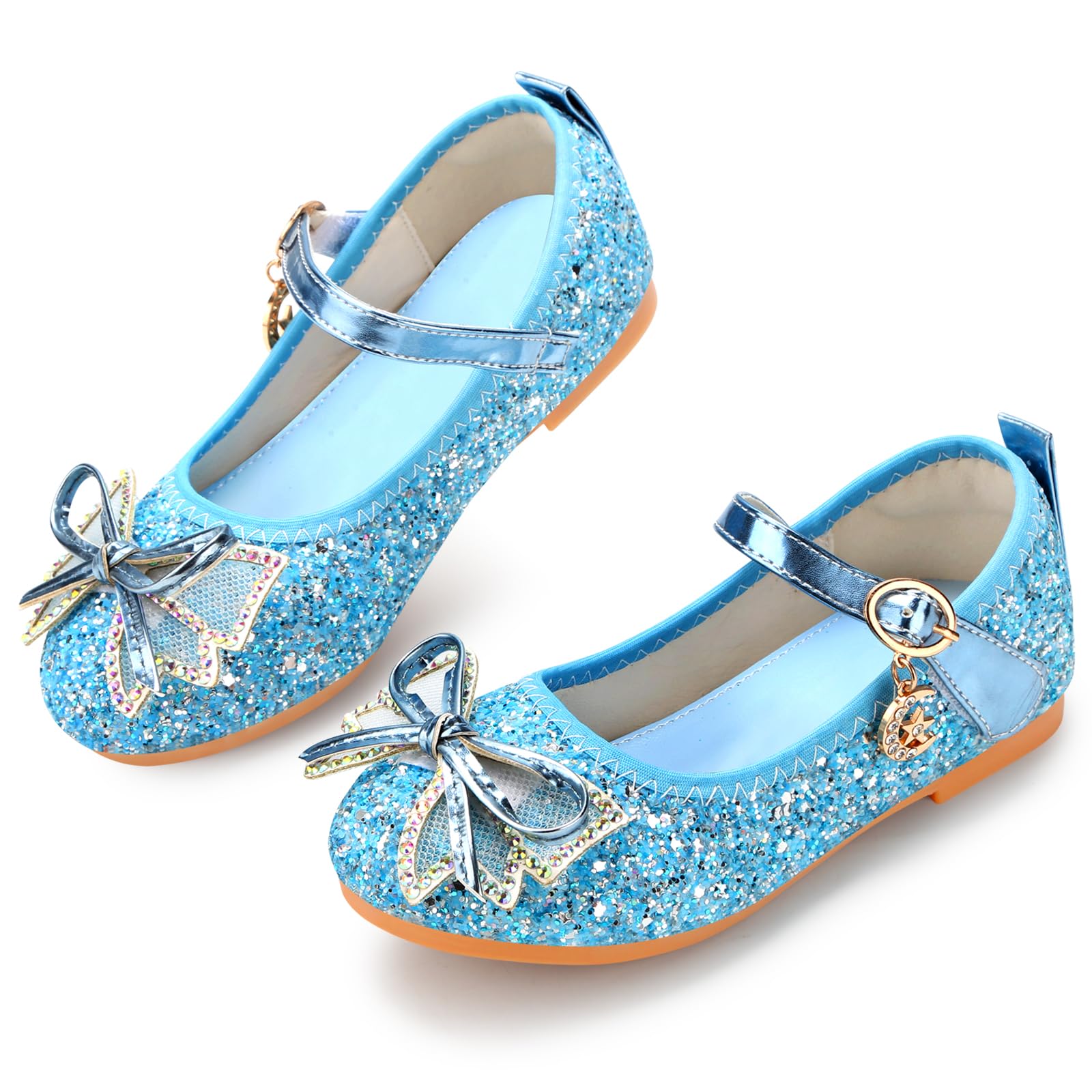 Qimaoo Girls Dress Shoes Mary Jane Princess Shoes Girls' Flats Glitter Low Heels Flower Wedding Party Footwear - 4 Toddler (740 Blue)