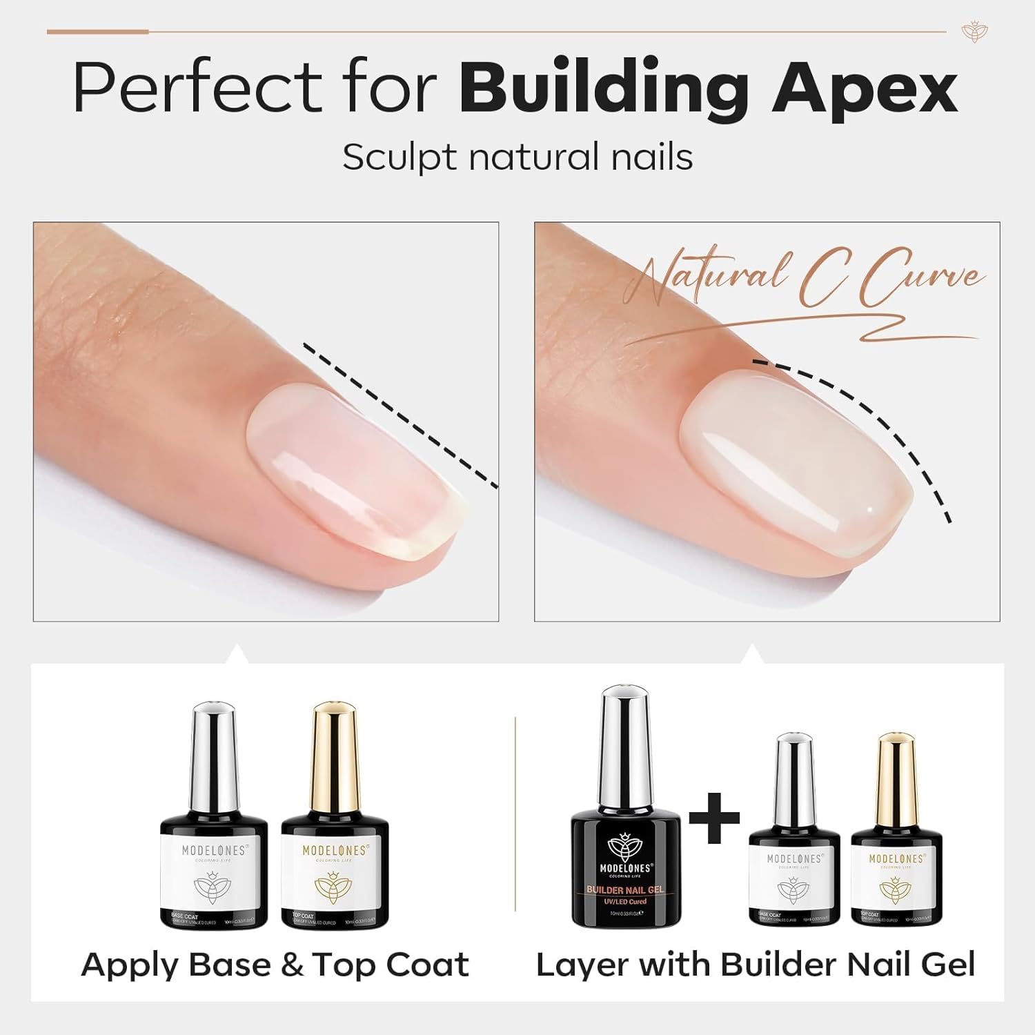 modelones 3 Pcs Top Coat Builder Nail Gel with Gel Base, No Wipe - Shine Finish and Long Lasting, Clear Builder Top Nail Kit for Thickening Apex Building Extension, LED Lamp Cured 10ml Home DIY Salon - Image 4