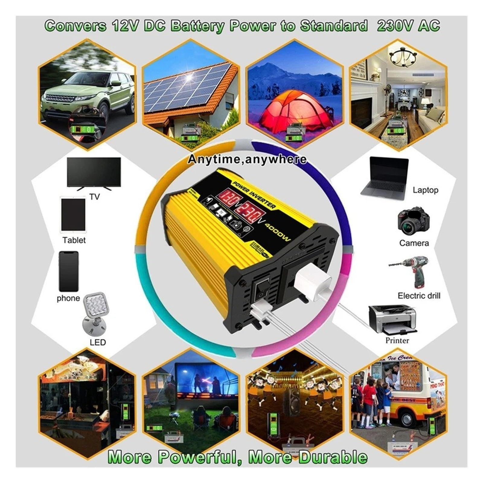 Onduleur Voiture Onduleur Portable pour Voiture Transformateur 12 Volts DC À 110/220 4000W Onde Sinusoïdale Modifiée USB Convertisseur