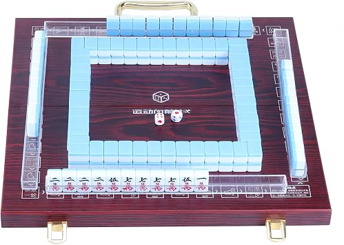 Miniature Chinese Mahjong Game Set with Foldable Table 144 Mini-Tiles, Case, and Accessories, Travel Set Blue, 22MM