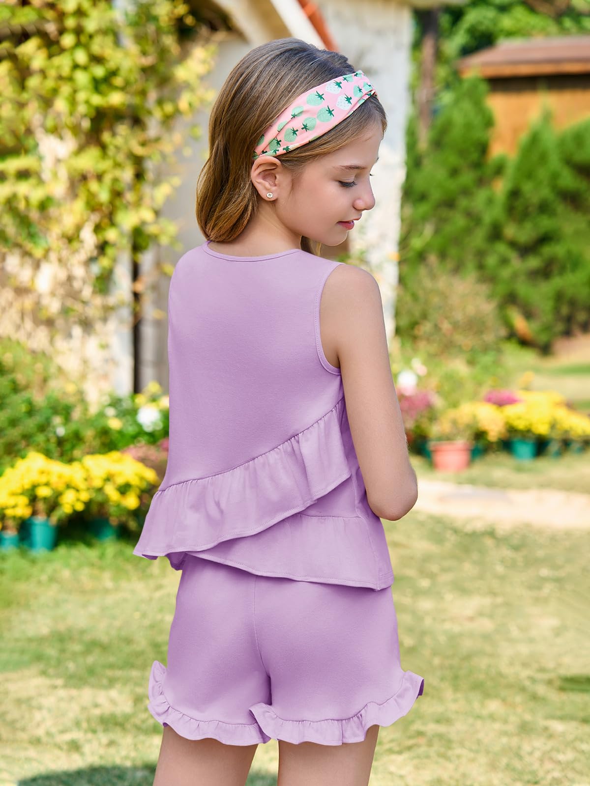 Haloumoning Niñas Conjuntos de ropa de verano con volantes, camisetas sin mangas con pantalones cortos, monocolor, ropa linda, conjuntos de ropa informal, de dos piezas - 5