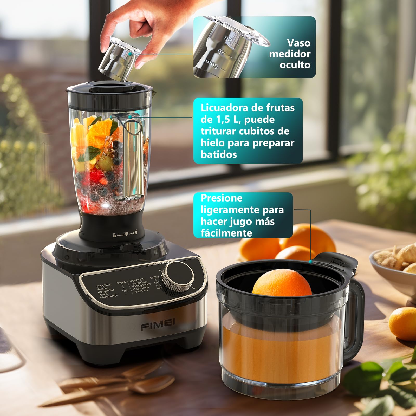 FIMEI Procesador de Alimentos 1300W, 3 Velocidades y Función Pulso, 3,5L Picadora, 1,5L Batidora, Molinillo, Exprimidor de Cítricos, Amasadora de Masa, Rallador, Disco Giratorio