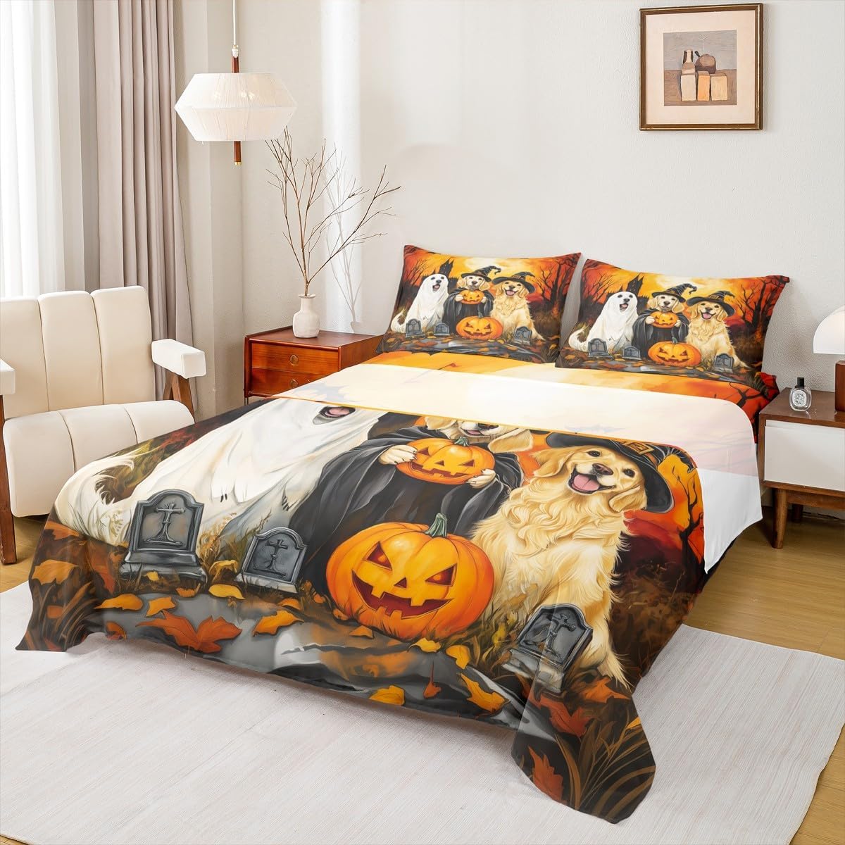 Halloween Bed Sheets Set King Size, Kawaii Dog Sheet Set Horror Pumpkin Lantern Sheets Gothic Witch Hat Bedding Set Tombstones Halloween Decor Pet Animal Puppy Cute Room Decor Aesthetic