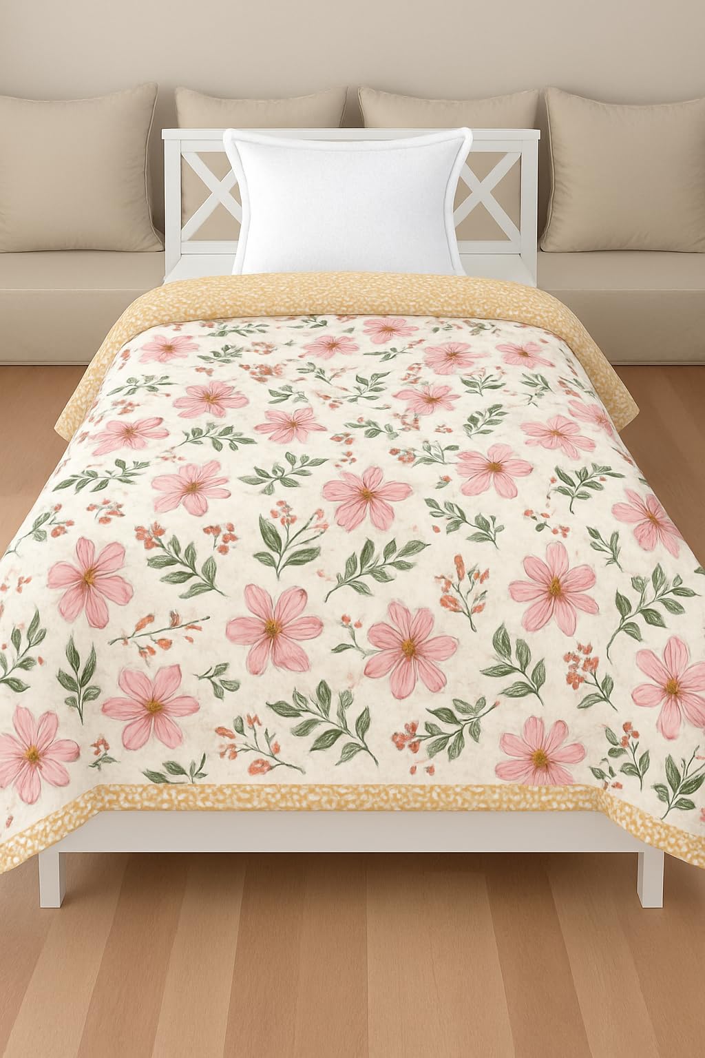 RRC Super Soft Brushed Microfiber Cotton Single Bed Dohar 140 GSM 3 Layered Quilted Dohar Soft Lightweight Reversible Printed AC Blanket Single Bed for All Season (Orange)-image-10