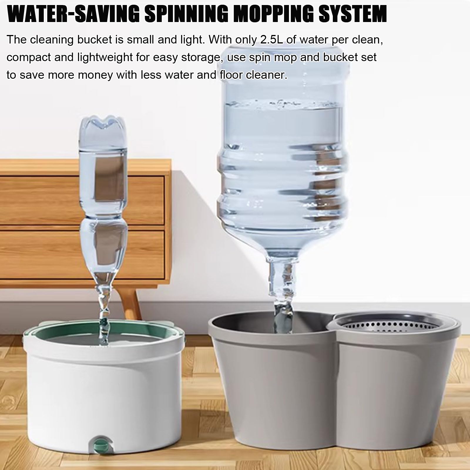 Juego de cubeta para fregona giratoria con escurridor, Sistema de Agua Limpia y Sucia con autoseparación, 1 Recambio Adicional de Almohadillas de Microfibra para fregona. diseño Compacto