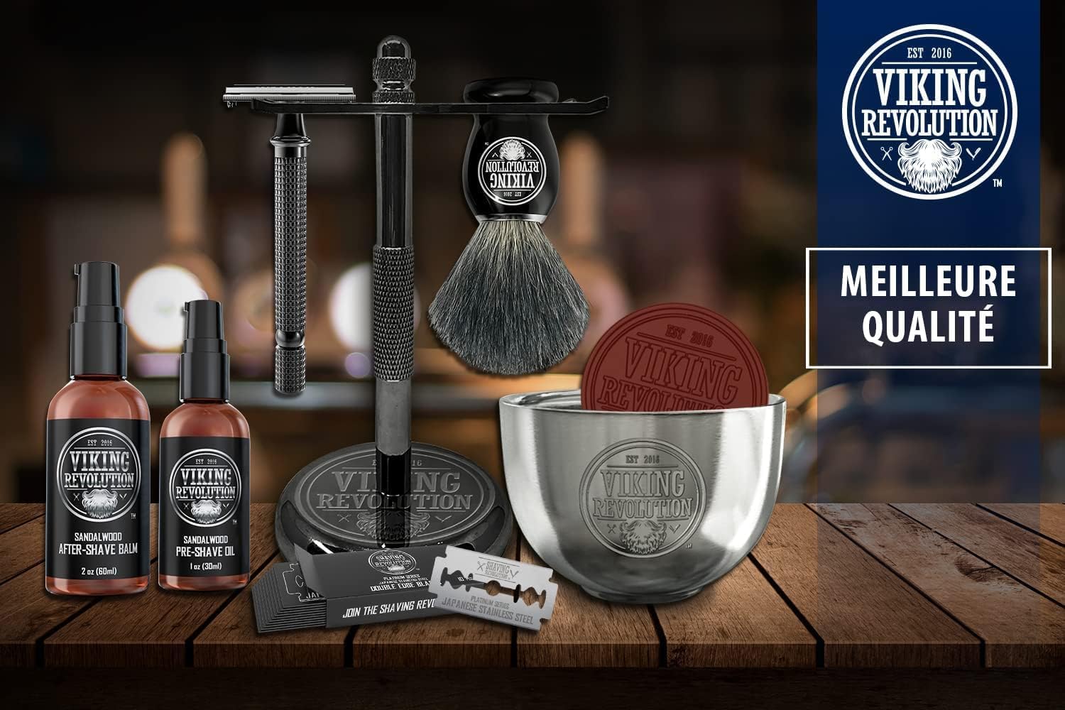 Viking Revolution Kit Rasage Homme Complet de Luxe Rasoir Sécurité Support Bol Baume Après-Rasage Huile Avant-Rasage Blaireau Cadeau Homme