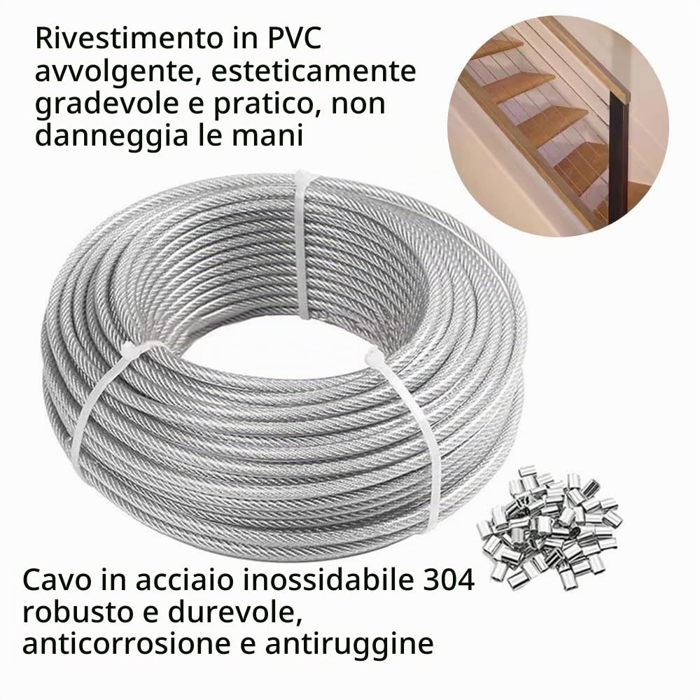 NEWFUN Garden Wire/Cable Railing Kit, 100M cavo acciaio 3mm, Set di cavo acciaio 3mm, ditale, adatto per filo di tensione per recinzioni, fune metallica per lampade da esterno, fune per tende