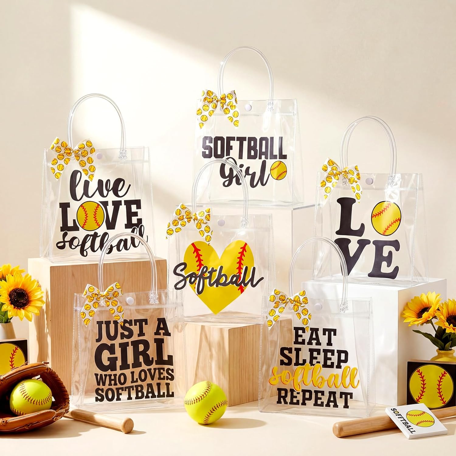 Vicenpal 24 Sets Clear Softball Gift Bag with Handles 24 Pcs Bows PVC Plastic Softball Treat Goodie Snack Bags 7.9 x 7.9 x 3.1'' Sport Theme Party Favors for Birthday Holiday Sports Team Gifts