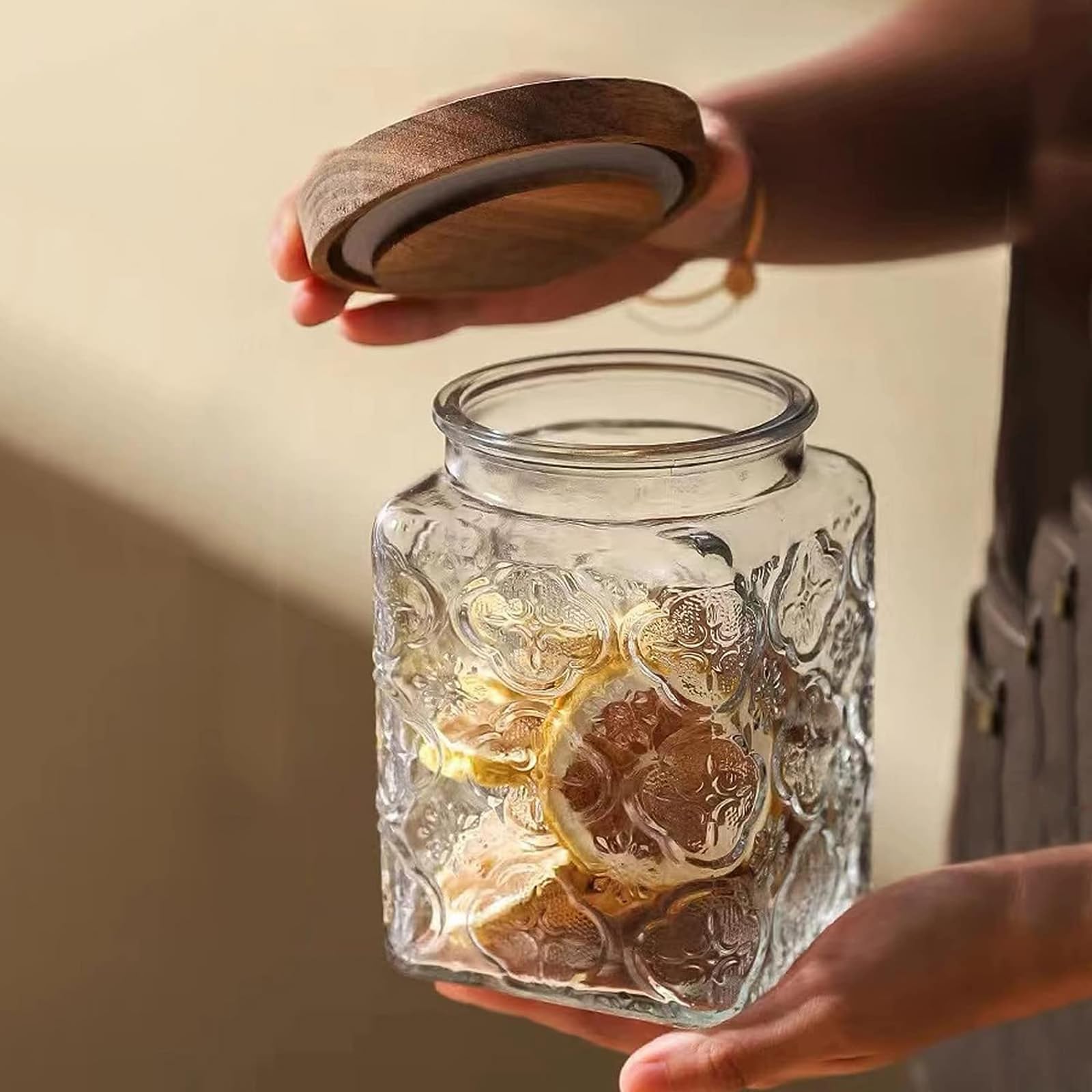 Luftdichte Vorratsdose aus Glas im Vintage-Stil, mit luftdichtem Holzdeckel, für Küchentheke, Speisekammer, Tee, Zucker, Kaffee, Teebohnen, Frischhaltedose (2 x Sonnenblume + 2 x Pflaume)