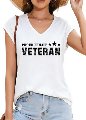 Womens Proud Female Veteran Strong V-Neck T-Shirt Soft Cotton Blend Casual Tee