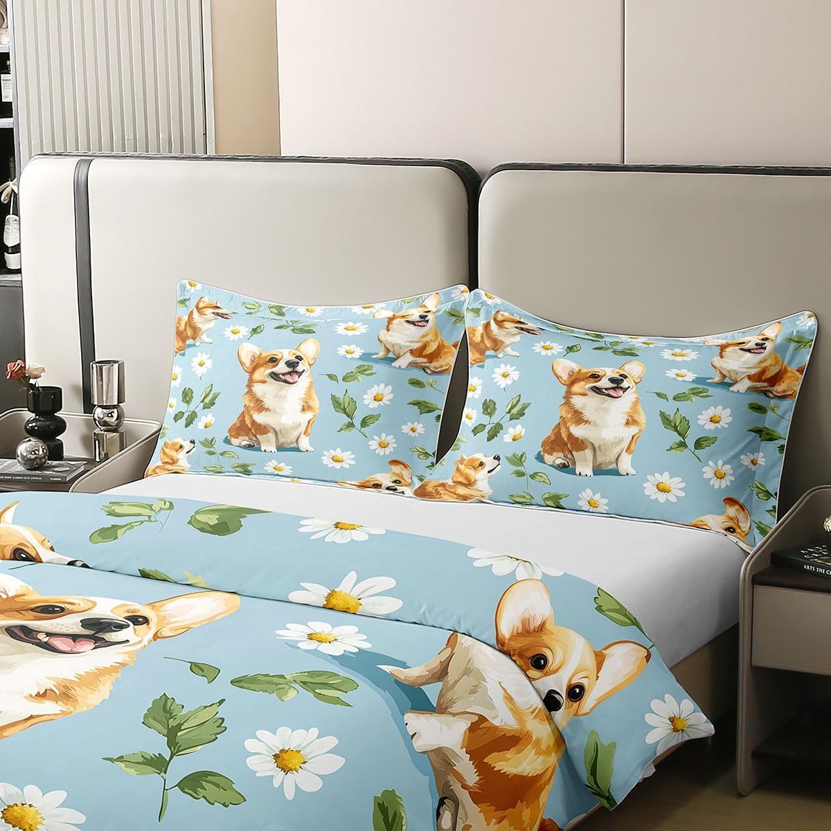 Erosebridal Corgi 100% Cotton Duvet Cover Queen Size Daisy Bedding Set for Kids Boys Girls Oil Painting Cute Pet Dogs Pattern Comforter Cover Leaves Flower Kawaii Animals Bedclothes