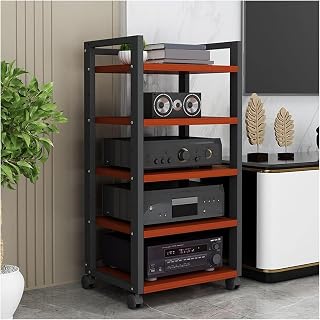 Wood Audio Video Rack with Wheels, 5-Tier Corner Shelf, Multifunctional Adjustable Stereo Cabinet for CD/DVD Player and Record Player