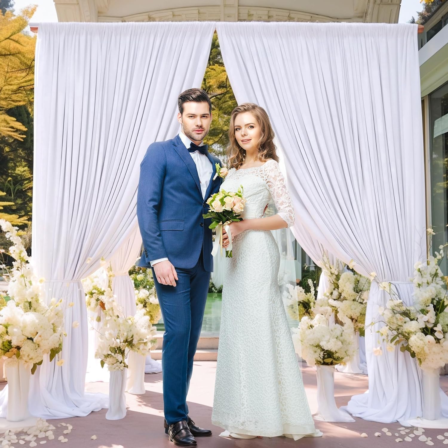 6×3 m Weiß Hochzeit Hintergrund Vorhang, 4 Platten 1,5×3m Faltenfreie Seide Polyester Weißer Fotowand Hintergrund Fotografie, Geburtstag Party Babydusche Deko Kulissen Hintergründe Vorhänge