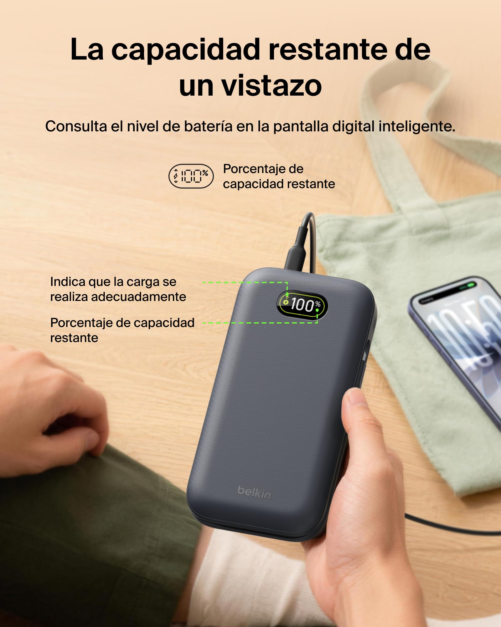 Belkin UltraCharge Pro Batería Externa Carga Rápida 27000mAh, Power Bank Con Cable USB C Integrado, USB PD De 240 W y USB A, Batería Portátil para MacBook Pro, iPhone, iPad, Galaxy, Pixel, Gris Carbón