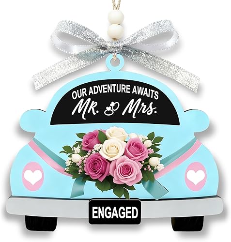 Valentineโs Day Engagement Gift for Couples โ โOur Adventure Awaitsโ Wooden Car Hanging Ornament - Engagement Gifts
