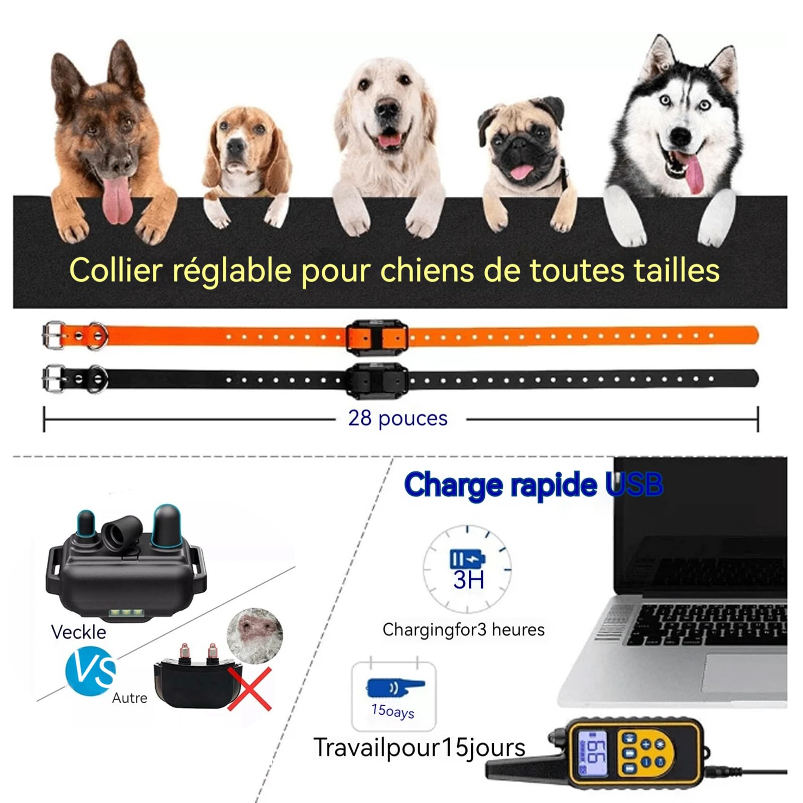 Collier de Dressage pour Chien, Rechargeable et étanche jusqu'à 800 m, avec écran LCD