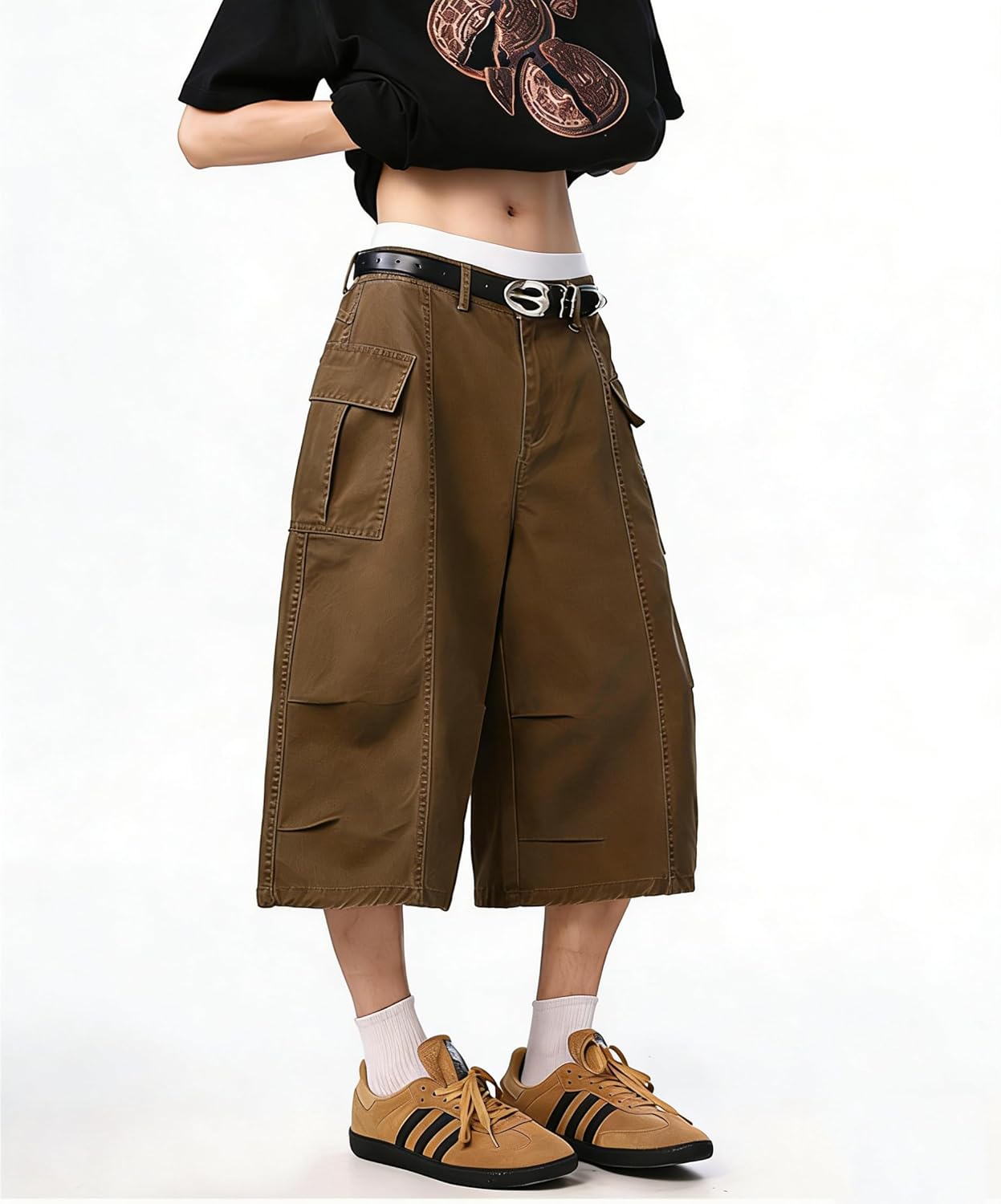 Men's Baggy Cargo Capri Shorts Wide Leg Elastic Waist Below Knee Casual Y2K Hip Hop Streetwear Long Short with Pockets