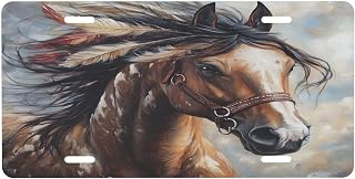 License Plate Animal Indian Horse Front License Plate with 4 Holes Rust-Free Fade Resistant Aluminum Metal Decorative Car Plates Novelty Decor Vanity Tag for Trucks,SUVs,6×12 Inch,A-416