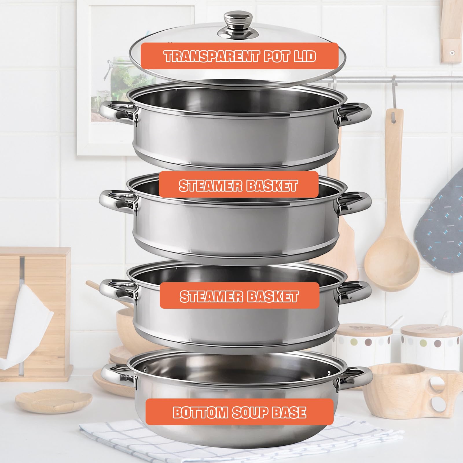 Vaporera para cocinar al vapor, 28 cm, acero inoxidable con inserto de vapor, 3/4 niveles con tapa para cocinar verduras, sopas, mariscos, guisos y pasta (cuatro)