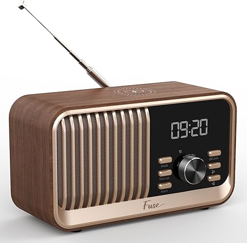 Fuse Hark Altavoz de radio Bluetooth Cargador inalámbrico de 10 W Altavoz de radio FM con Bluetooth y entrada AUX Reloj despertador Regulador de