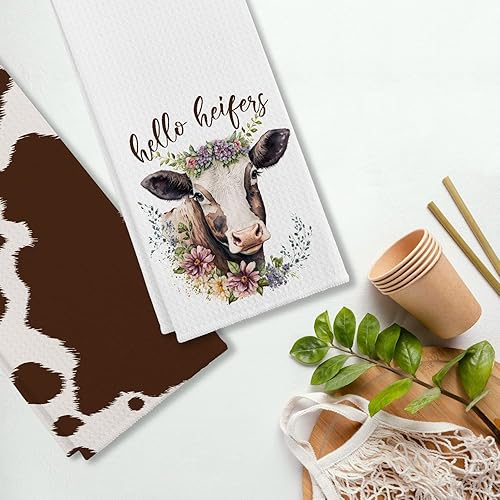Miniatura 4 de EIONEY Hello Heifers - Toallas de cocina y té con estampado floral de piel de vaca y acuarela, toalla de mano para decoración de cocina de granja,