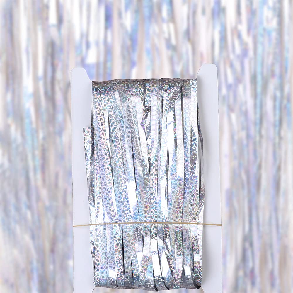 b - Paquete de 5 cortinas de fondo de flecos de papel de aluminio plateado de 3.28 x 13.12 pies, serpentinas de fiesta, decoraciones de fiesta de cumpleaños, telón de fondo con flecos para