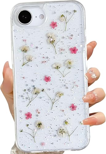 Miniatura 26 de Funda transparente para iPhone 16 Pro Max con diseño de flores reales presionadas, patrón floral rosa brillante y lindo, funda protectora de TPU