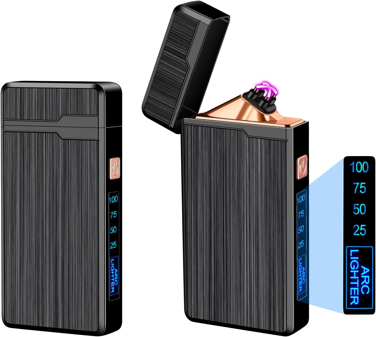 2 Pack Electric Lighter, USB Rechargeable, Plasma Dual Arc, Windproof Flameless, Pocket Metal Lighter with LED Battery Indication for Indoor Outdoor (Black & Black)