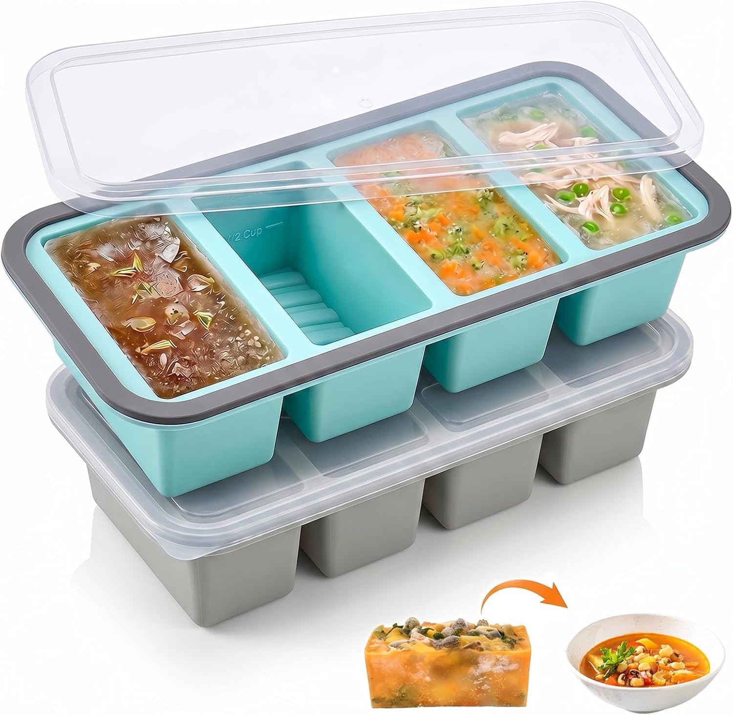 Set di 2 Contenitori Silicone per Freezer, Senza BPA 4 Cavità Contenitore Ghiaccio Freezer con Coperchi per Zuppe, Brodo, Salse e Cubetti Di Ghiaccio (1000 ml)
