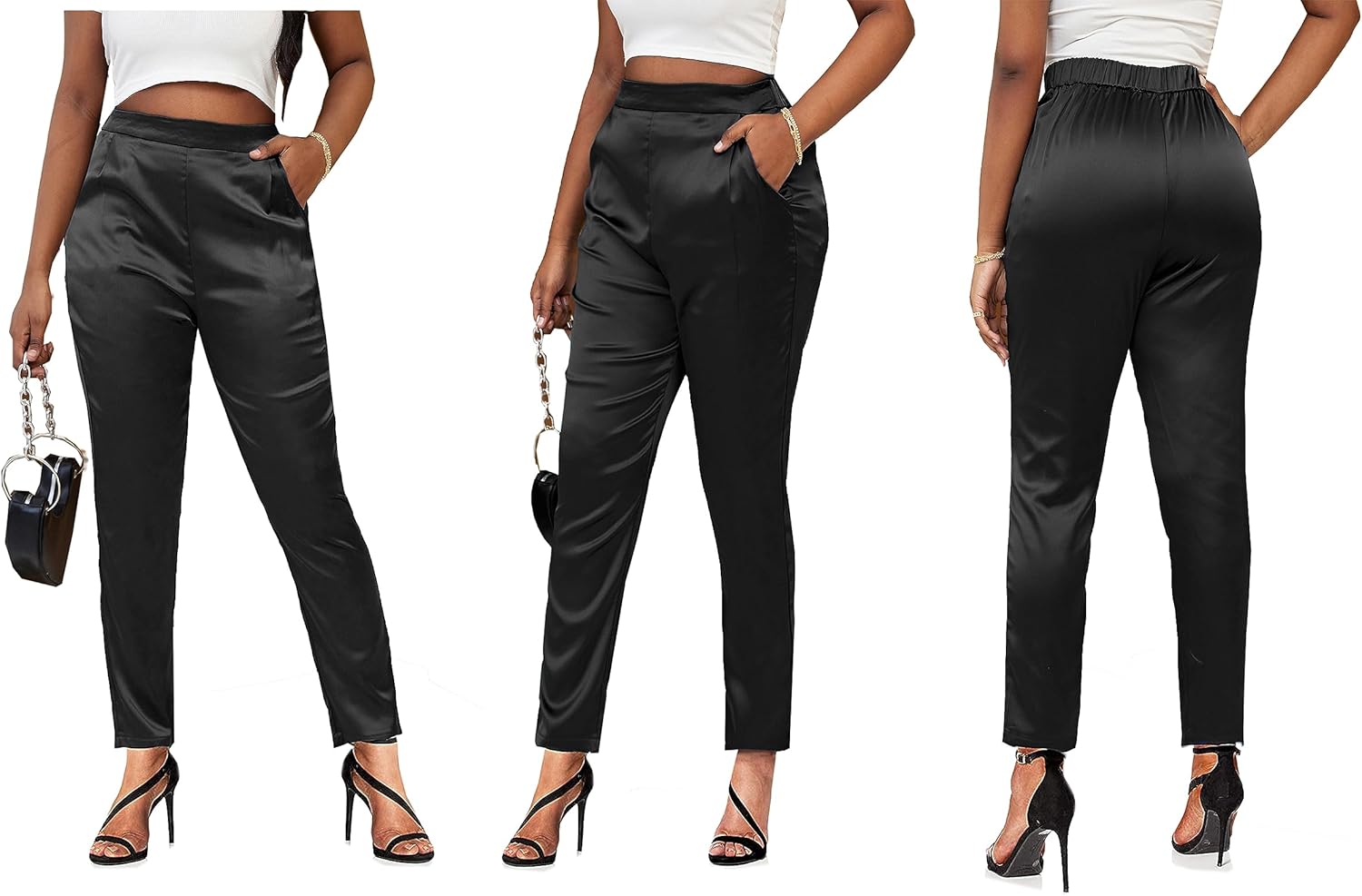 Women's Silky Satin Wedding Dressy Casual Elastic Waist Pants Party Club Wear Trousers - Image 4