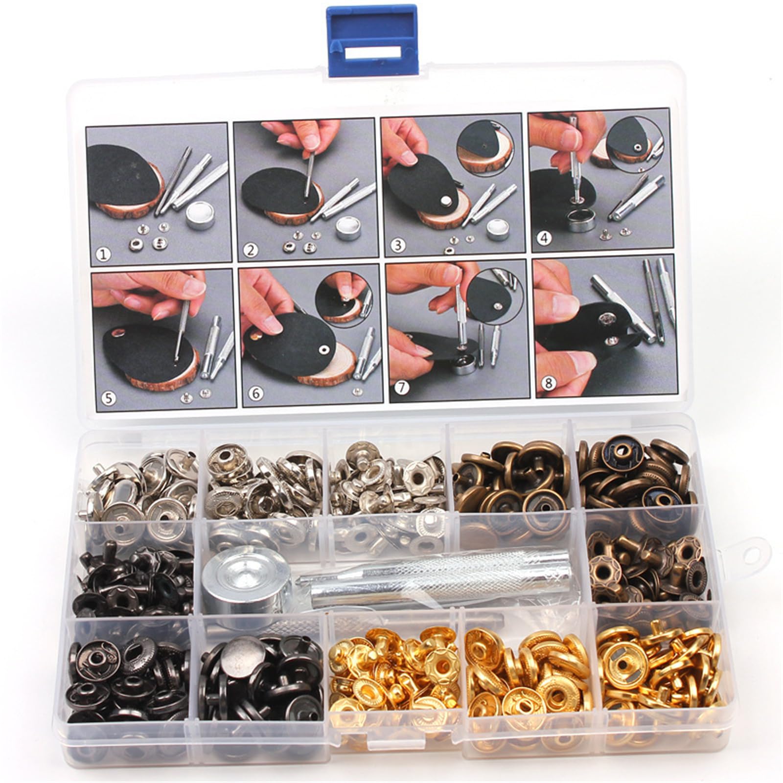 100/120 occhielli in 4 colori con strumenti, kit di occhielli da 12,5 mm per tessuto, tela, tende, abbigliamento, riparazione pelle, utensili per lavatrice, tessuto