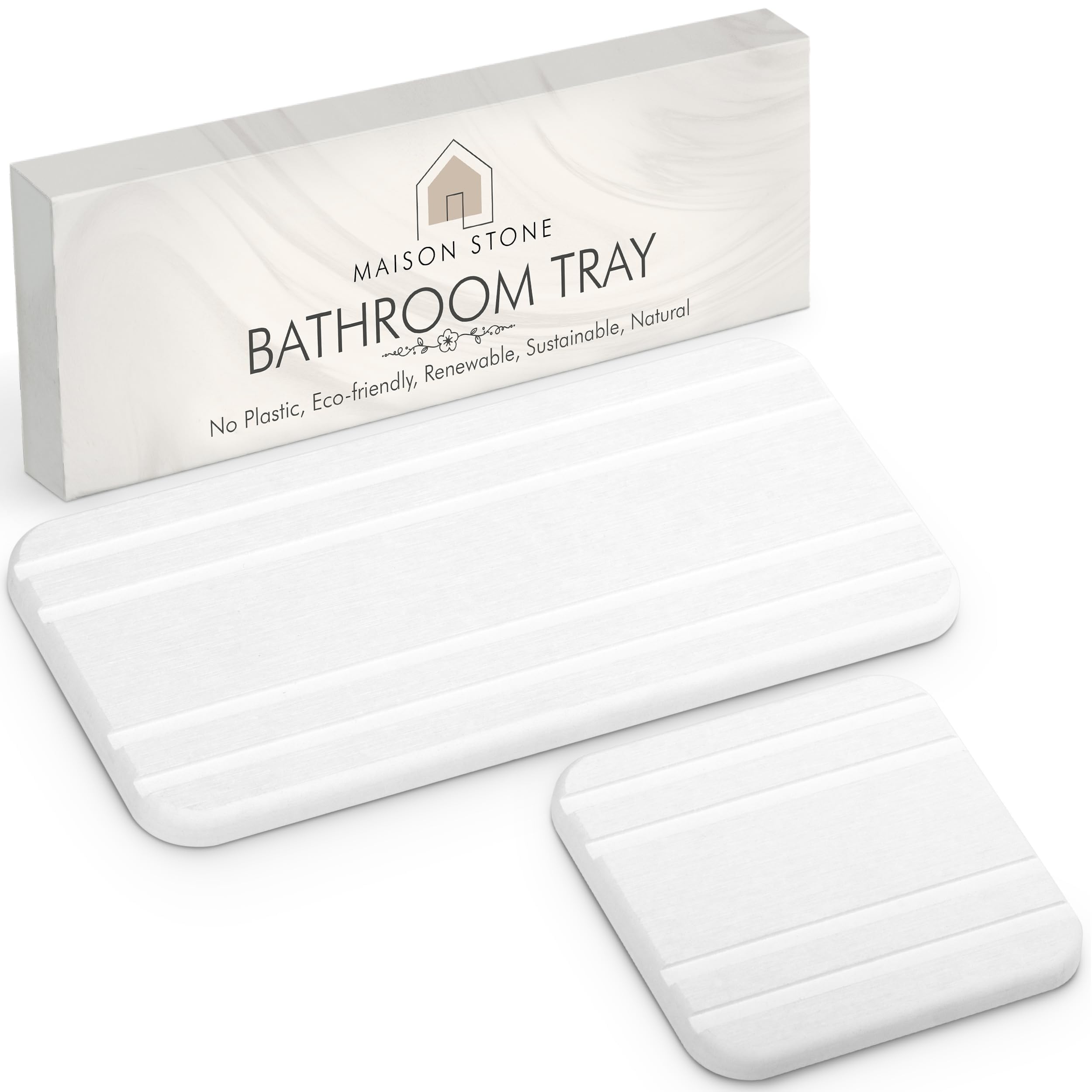 Maison Stone Bathroom Tray w/Bonus Vanity Tray. Absorbent Bathroom Trays for Counter. Multipurpose 8x4 Countertop Tray. Perfume Tray. Kitchen Soap Tray. Time Saving Bathroom Counter Tray.
