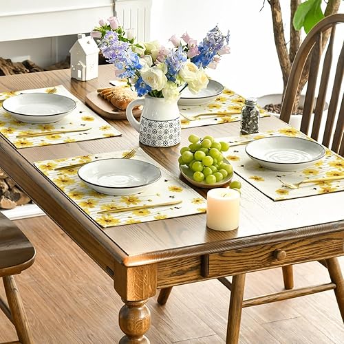 Miniatura 5 de Artoid Mode Juego de 4 manteles individuales de primavera de abejas florales amarillas, 12 x 18 pulgadas, manteles individuales de verano para