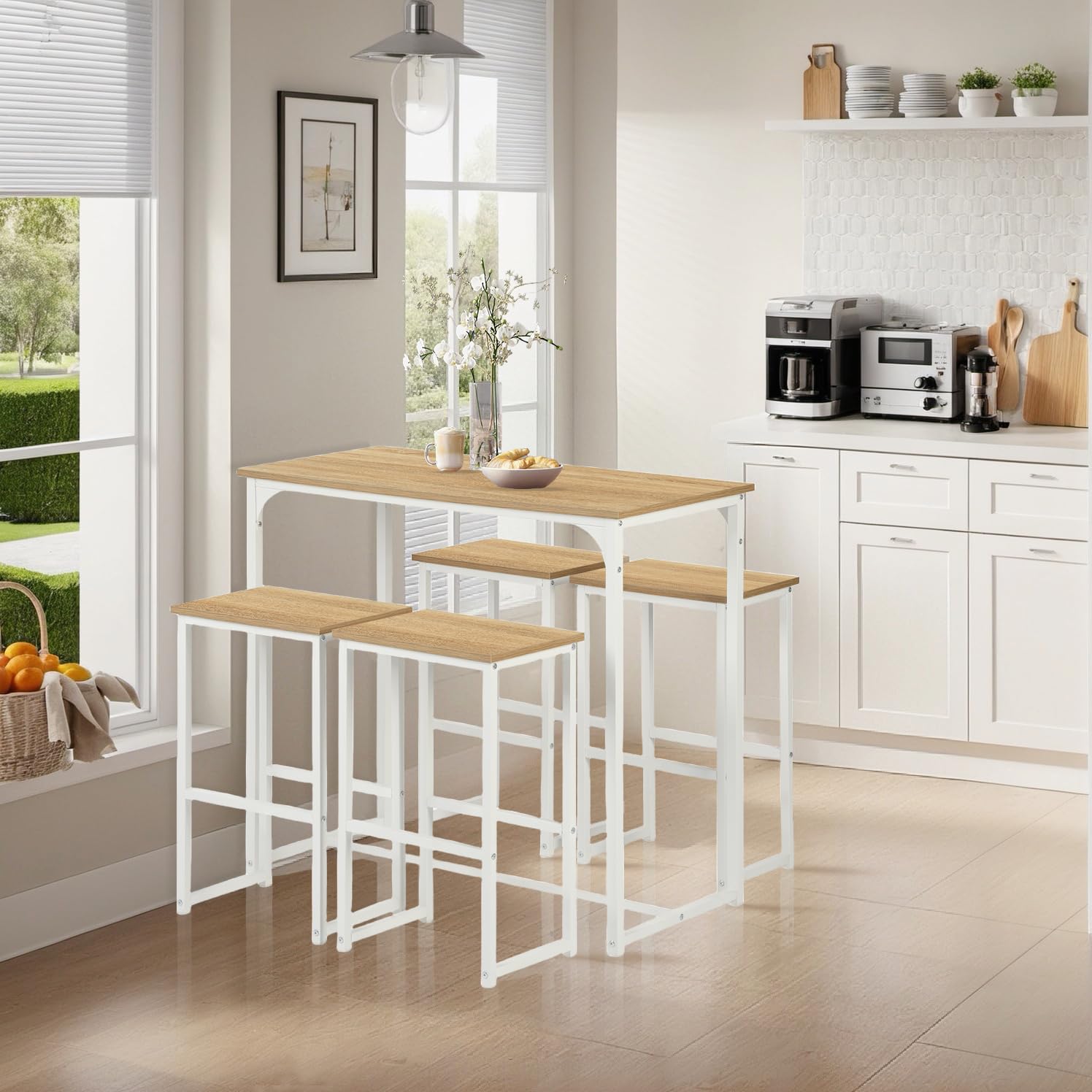 Mesa Alta Cocina con Taburetes, Conjunto Mesa y Sillas Comedor, Adecuada para Cocina, Comedor, Bar, Mesa de Bar 100 × 50 × 90 CM, 4 Taburetes 30 × 40 × 65 CM, Blanco