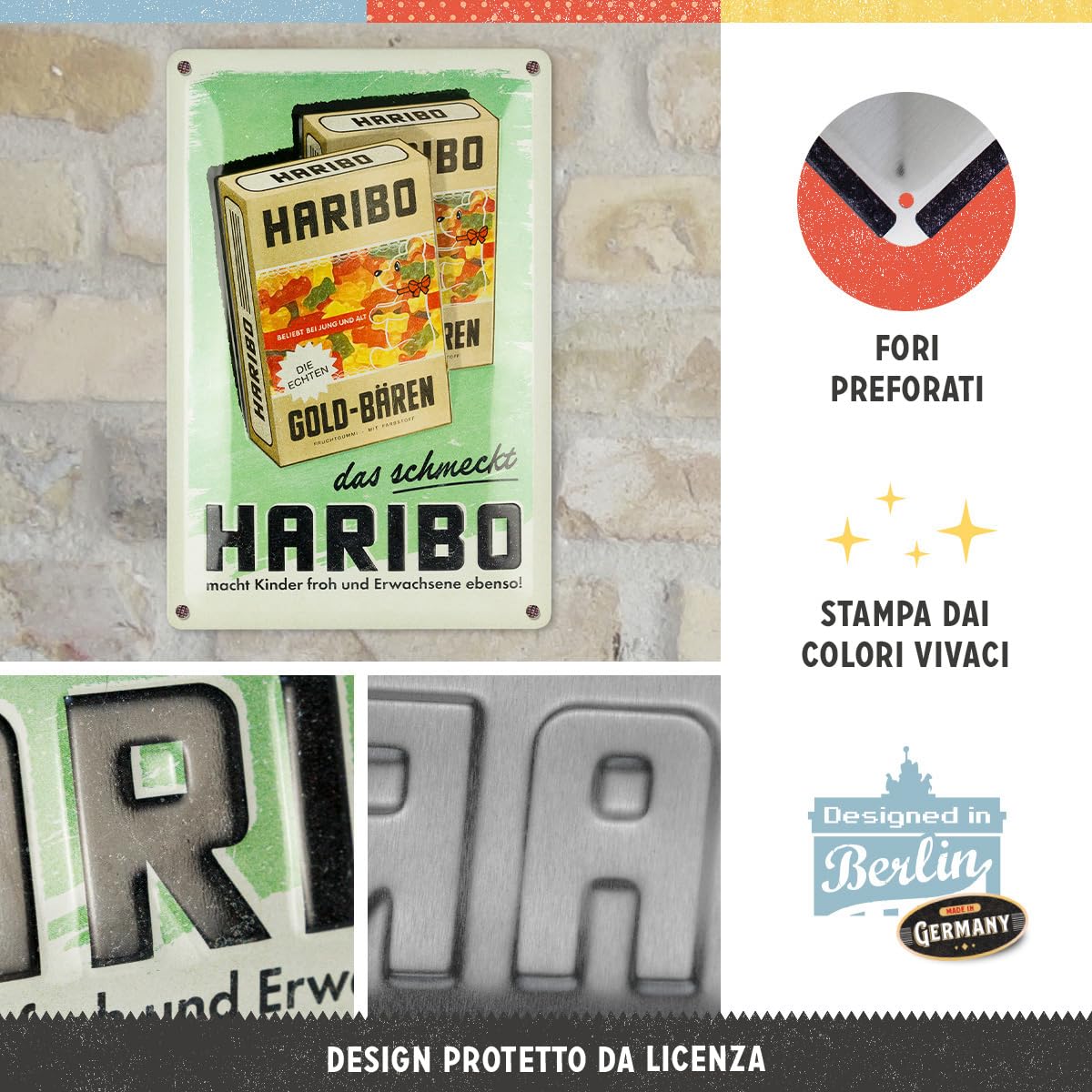 Nostalgic-Art Targa retrò, 15 x 20 cm, HARIBO – Vintage GOLD-Bären – Idea regalo per golosi, Official License Product (OLP), in metallo, design vintage