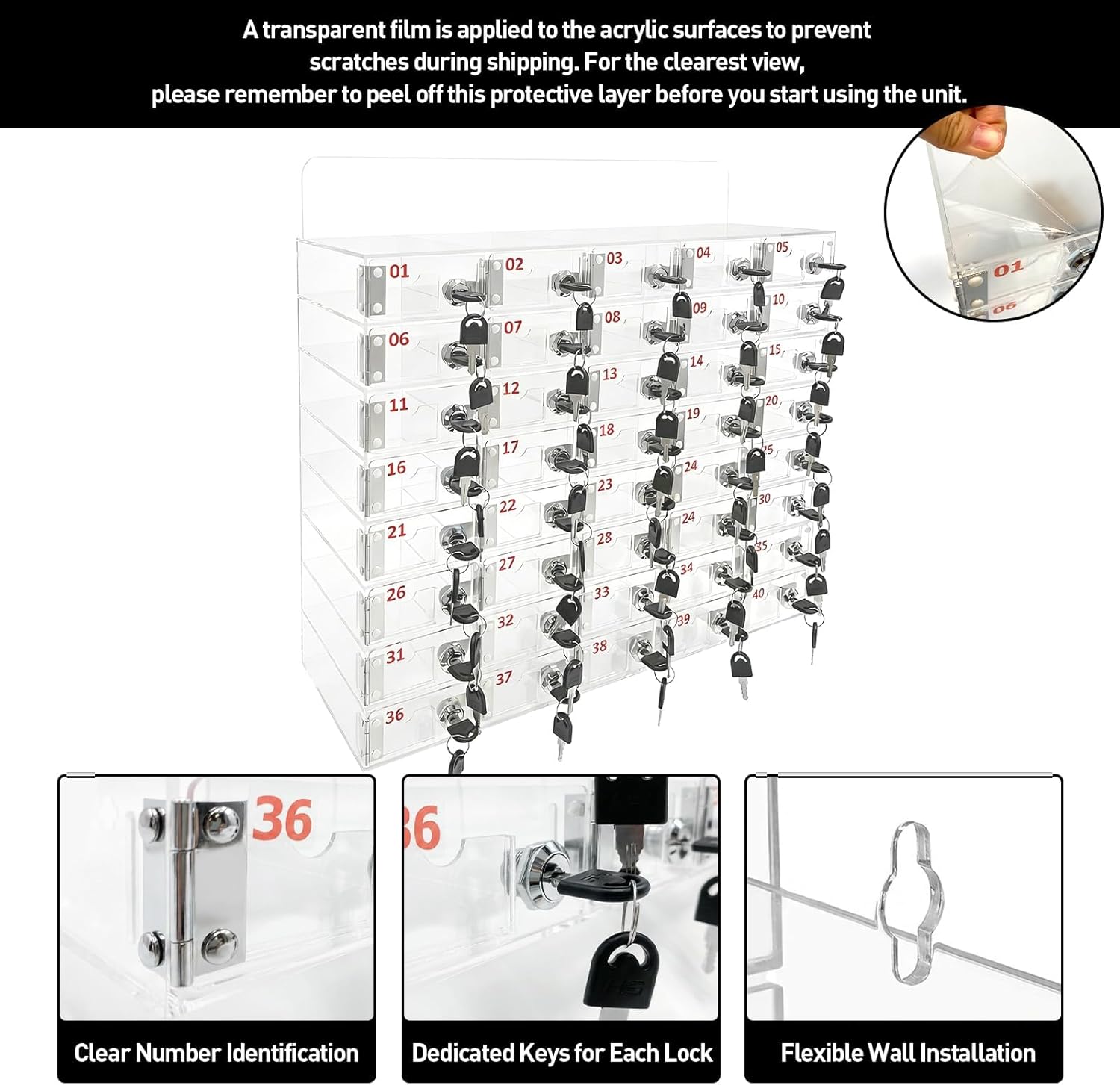 40-Slot Acrylic Cell Phone Locker Box, Large Capacity Clear Phone Storage Cabinet with Keys for Office, Gym, Factory，Swimming Pool, Name Card Slot Cell Phone Locker for Employees