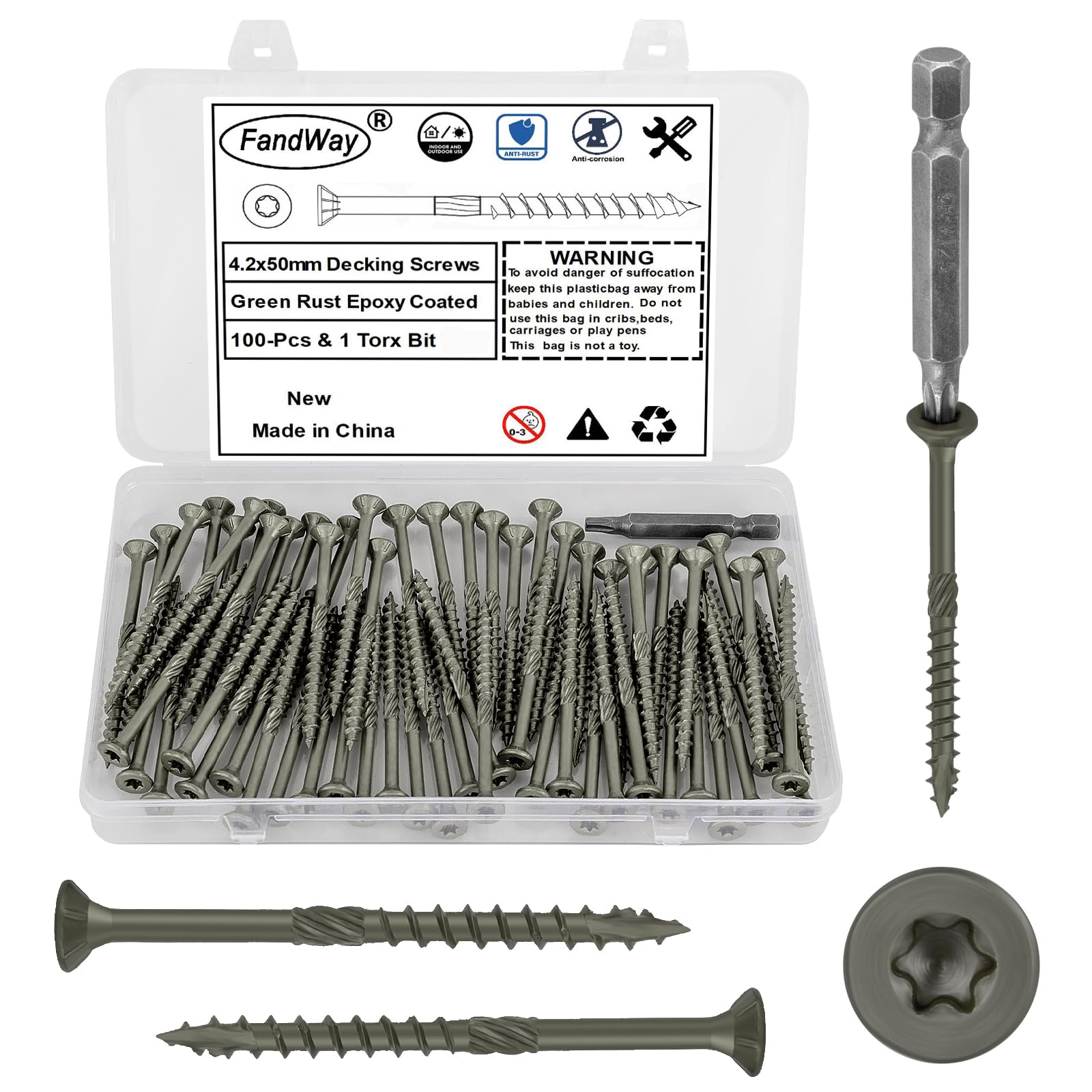 FandWay 4.2x50mm Deck Screws 100Pcs,Torx Drive Wood Screws, Flat/Countersunk Head Screw,Rust Resistant epoxy Coated, Green, T25 Star Bit.