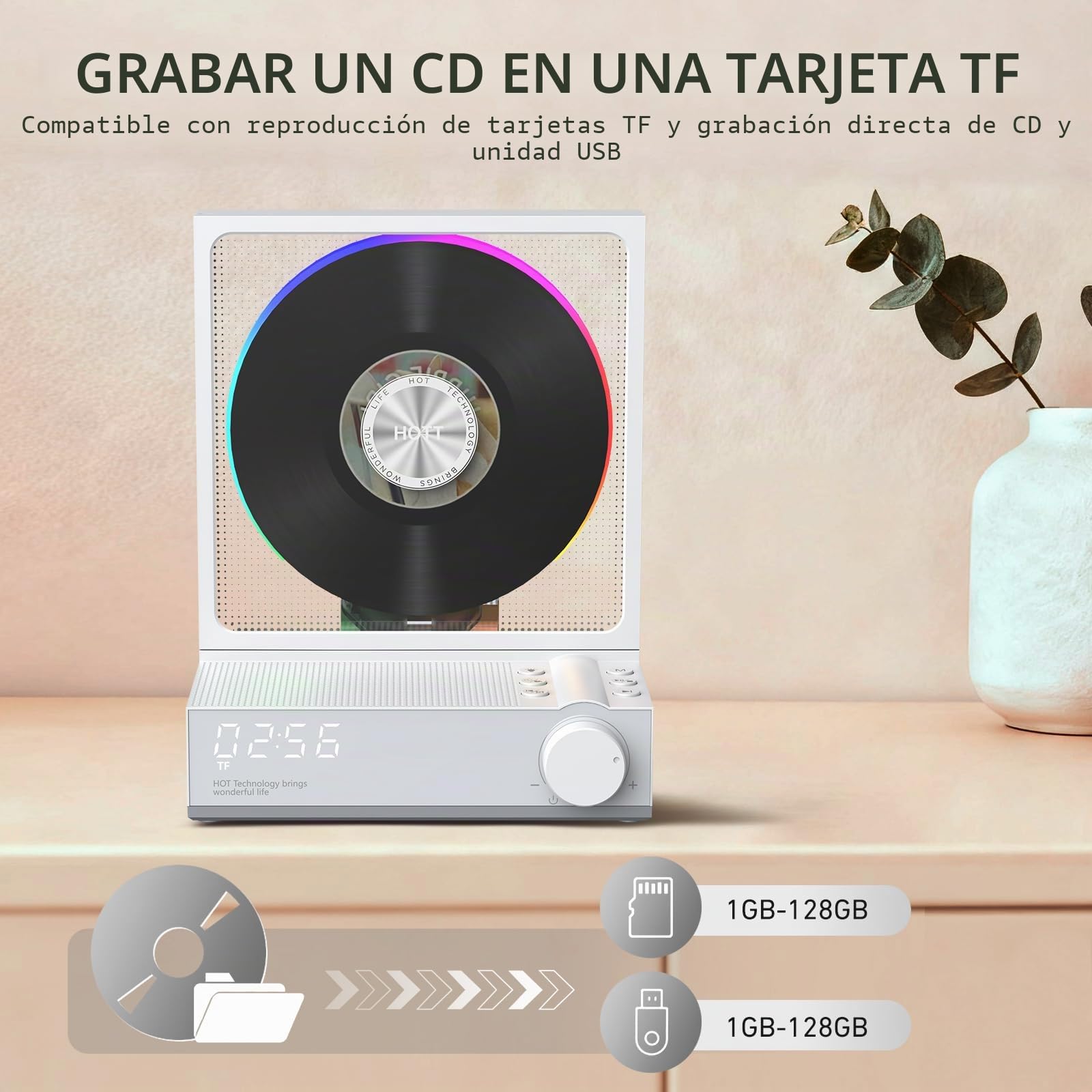 HOTT Reproductor de CD portátil con mando a distancia, reproductor de CD de escritorio Bluetooth 5.3 con luces RGB, reproductor de CD con altavoces HiFi, compatible con tarjeta TF, transcripción